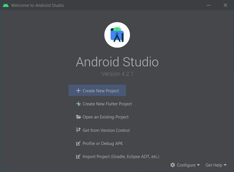 Android studio welcome screen